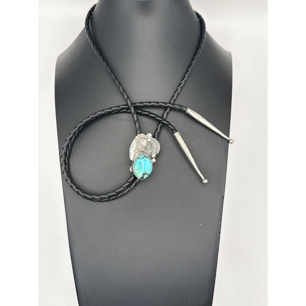 Navajo Signed Sterling Silver‎ Turquoise Bolo Tie Black Leather Cord Signed TG